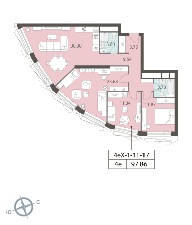 3-комнатная, квартира, 97.86 м²