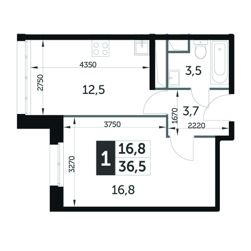 1-комнатная, квартира, 36.5 м²