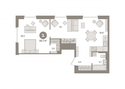 1-комнатная, квартира, 50.66 м²