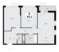 3-комнатная квартира 64,1 м²