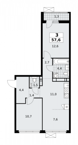 3-комнатная, 57.6 м²