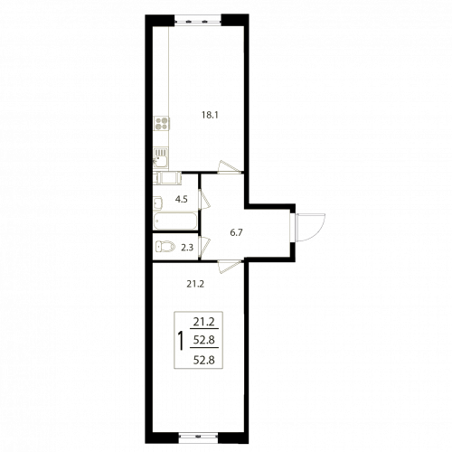 1-комнатная, квартира, 52.8 м²