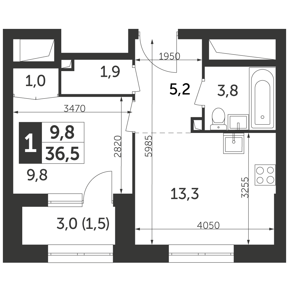1-комнатная квартира №133, 36,5 м² за 23,35 млн руб. в ЖК «Режиссер» - планировка