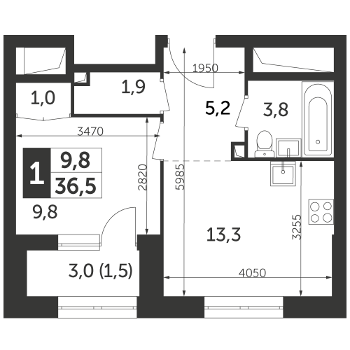 1-комнатная, квартира, 36.5 м²