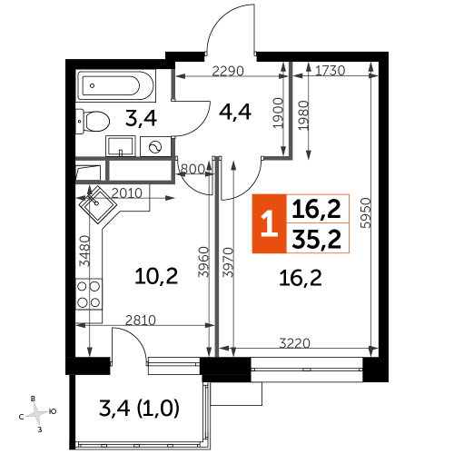 1-комнатная, 35.2 м²