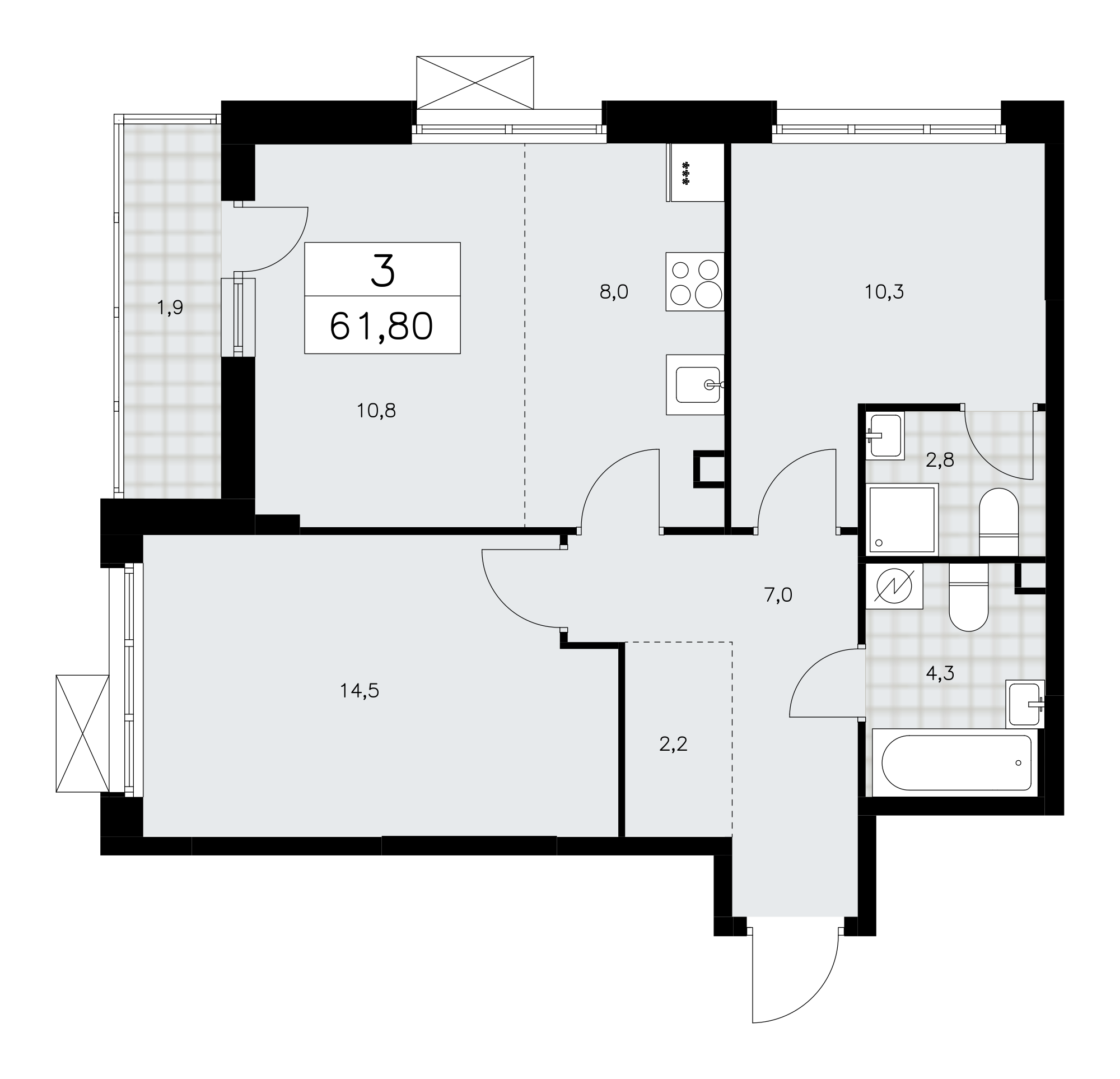 3-комнатная квартира №24К-28.2-294, 61,8 м² за 16,44 млн руб. в ЖК «Скандинавия» - планировка