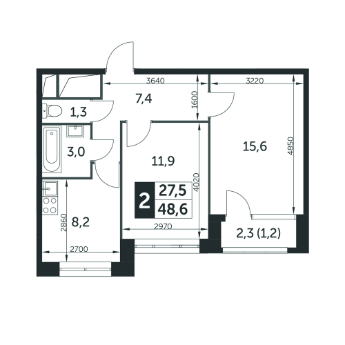 2-комнатная, квартира, 48.3 м²