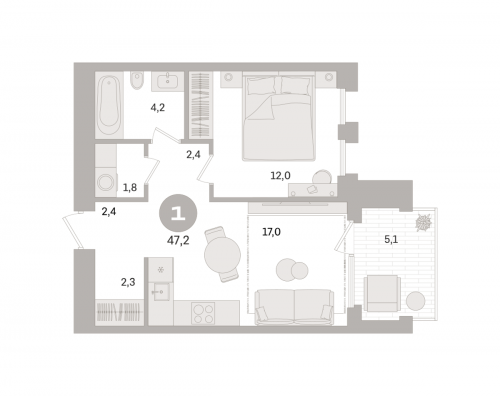 1-комнатная, квартира, 47.2 м²