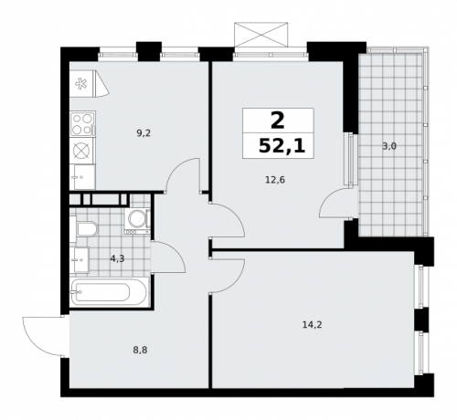 2-комнатная, 52.1 м²