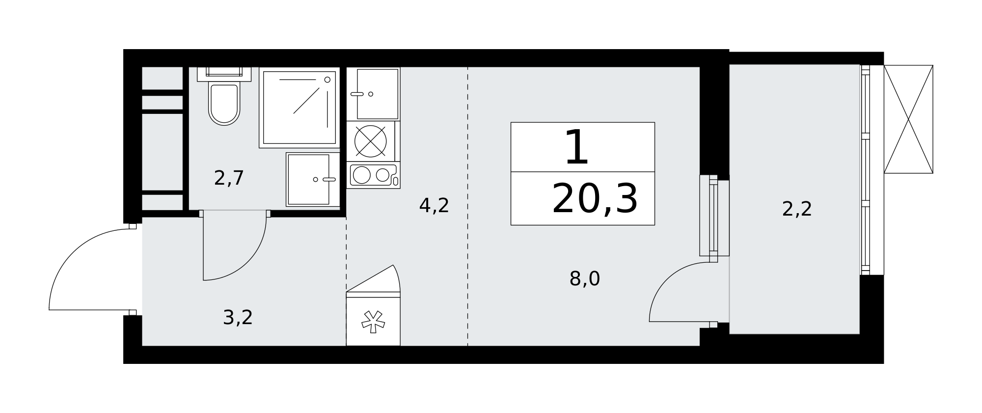 1-комнатная квартира №24К-25.3-457, 20,3 м² за 8,53 млн руб. в ЖК «Скандинавия» - планировка