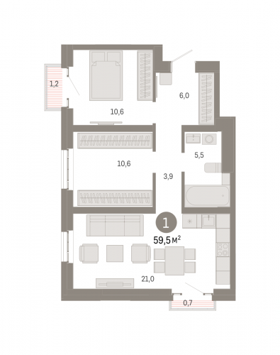 2-комнатная, квартира, 59.5 м²