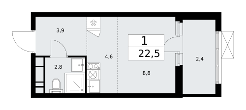 1-комнатная, 22.5 м²
