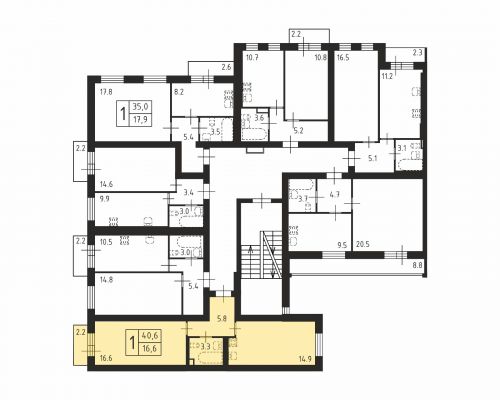 1-комнатная, квартира, 40.6 м²