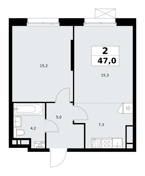 2-комнатная квартира №58К-7.1.1-194, 47,0 м² за 13,53 млн руб. в ЖК «Прокшино» - планировка