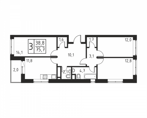 3-комнатная, квартира, 76 м²