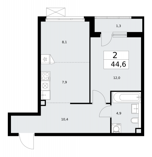 2-комнатная, 44.6 м²