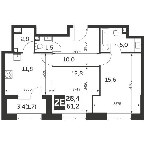 2-комнатная, квартира, 61.2 м²
