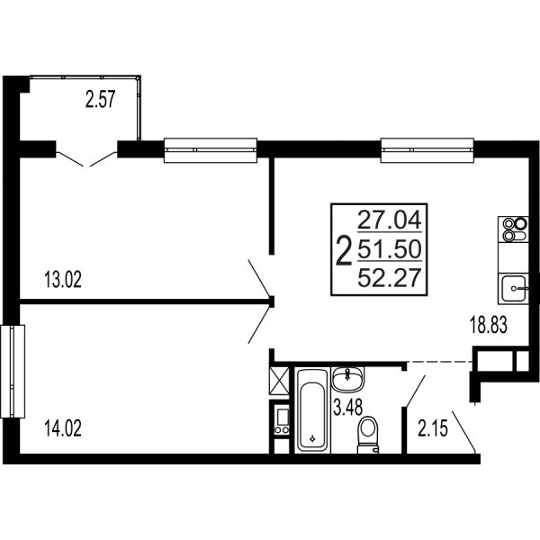 2 комнаты до 53.5