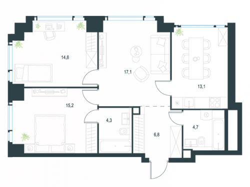 3-комнатная, 76 м²