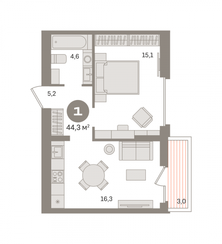 1-комнатная, квартира, 44.28 м²