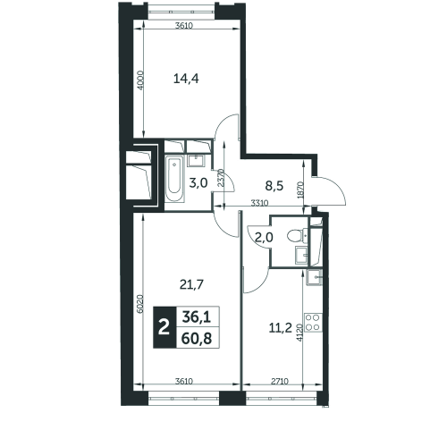 2-комнатная, квартира, 60.8 м²