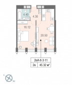 1-комнатная квартира 45,32 м²