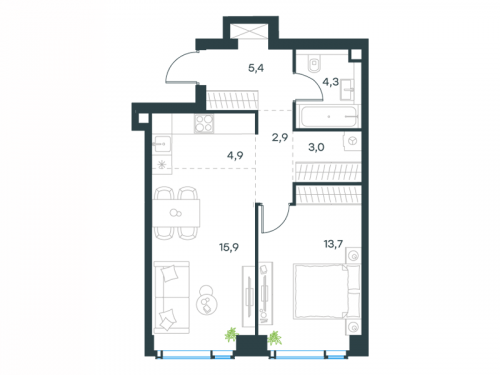 2-комнатная, 50.1 м²