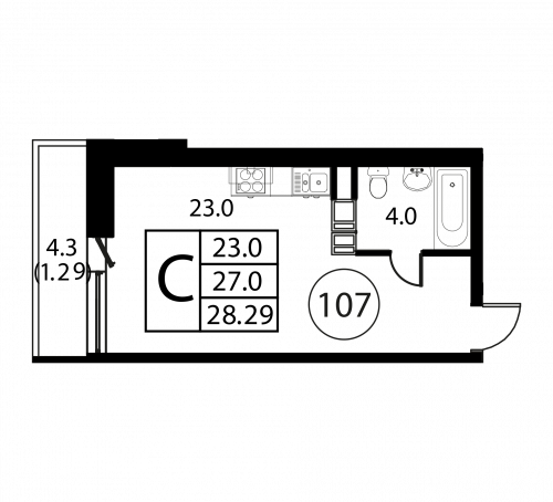 Студия, 28.29 м²
