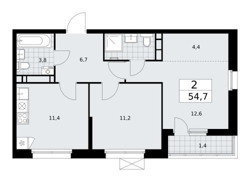 2-комнатная, 54.7 м²