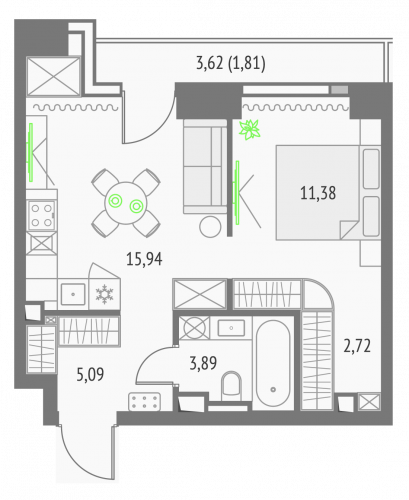 Студия, 40.83 м²