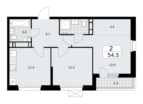 2-комнатная, 54.5 м²