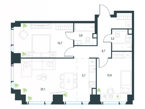 3-комнатная, 69.6 м²