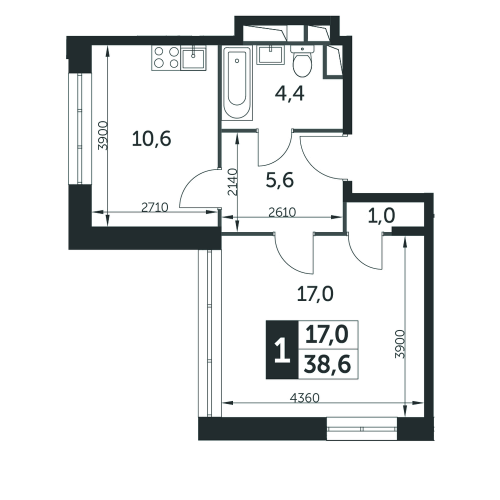 1-комнатная, квартира, 38.6 м²