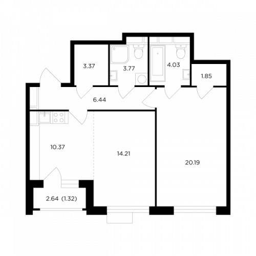 2-комнатная, квартира, 65.55 м²