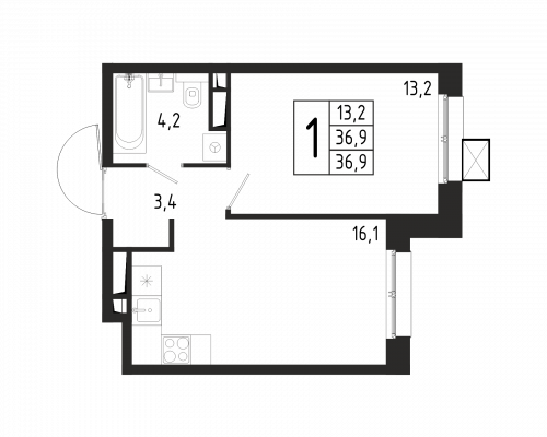 1-комнатная, квартира, 36.9 м²