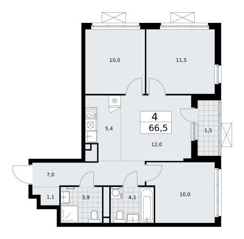 Многокомнатная, 66.5 м²