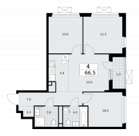 Многокомнатная, 66.5 м²