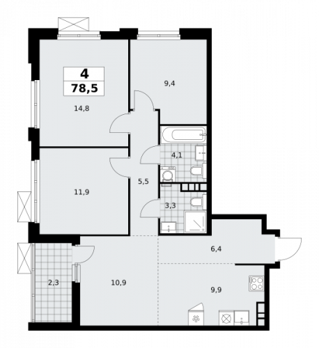 Многокомнатная, 78.5 м²