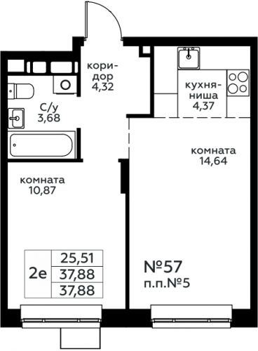 2-комнатная, 37.88 м²