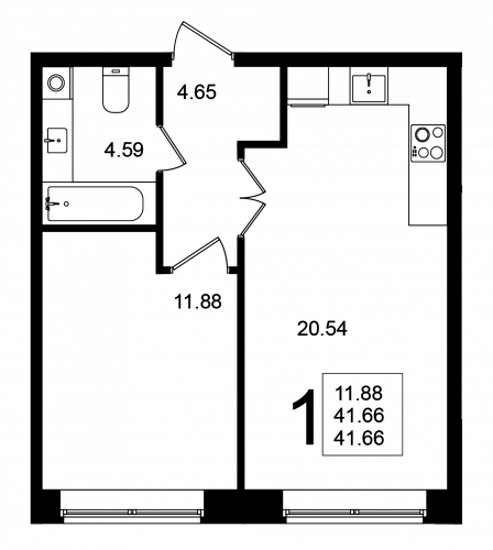1-комнатная, квартира, 41.66 м²