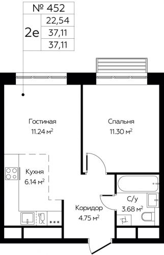 2-комнатная, 37.11 м²