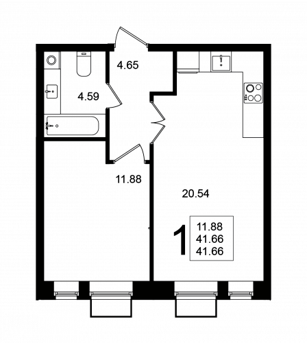 1-комнатная, квартира, 41.66 м²