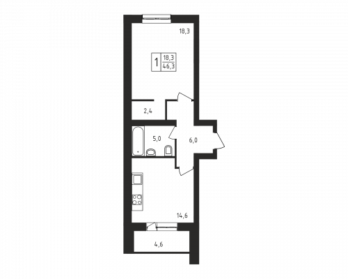 1-комнатная, 46.3 м²
