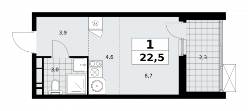 1-комнатная, 22.5 м²