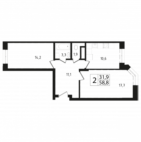 2-комнатная, квартира, 58.8 м²