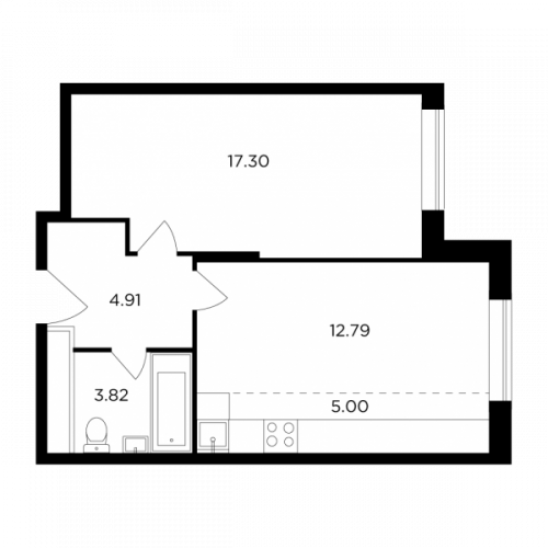 2-комнатная, 43.82 м²