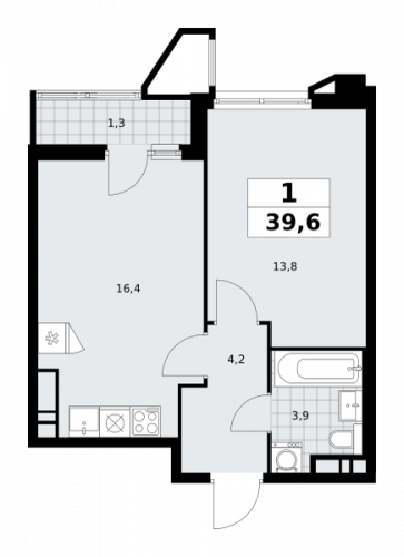 1-комнатная, 39.6 м²