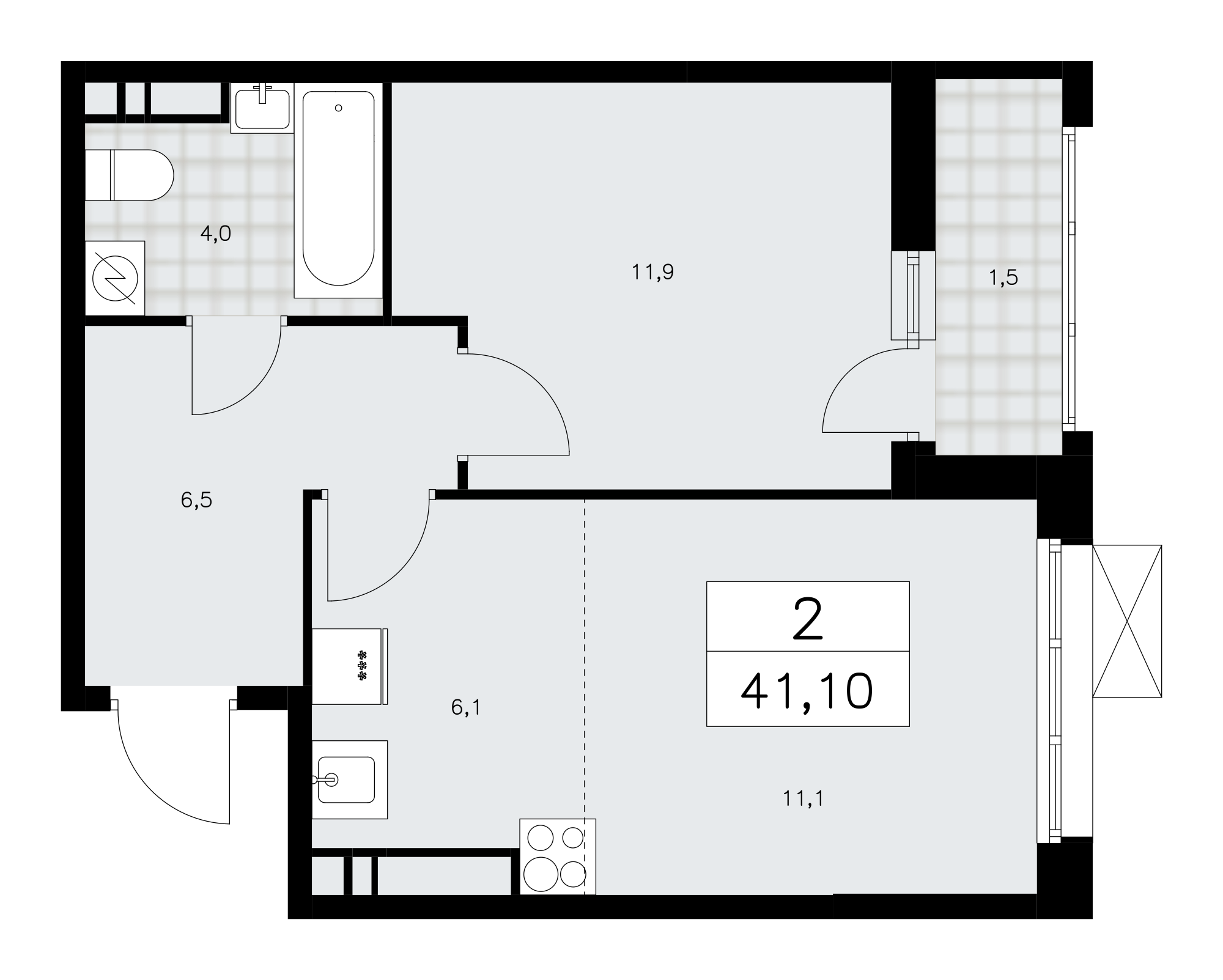 2-комнатная квартира №24К-28.3-552, 41,1 м² за 15,75 млн руб. в ЖК «Скандинавия» - планировка