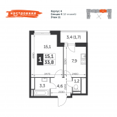 1-комнатная квартира 33,8 м²