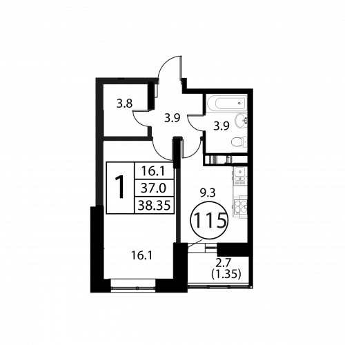 1-комнатная, квартира, 38.35 м²